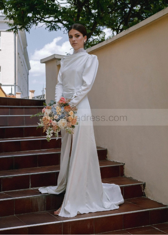 High Collar Ivory Satin Lace Keyhole Back Slit Wedding Dress